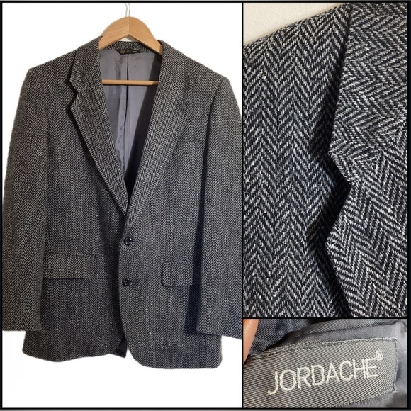 Jordache Herringbone Wool Blazer Suit Jacket Sport Coat Mens 40R Academia Retro - Picture 1 of 14